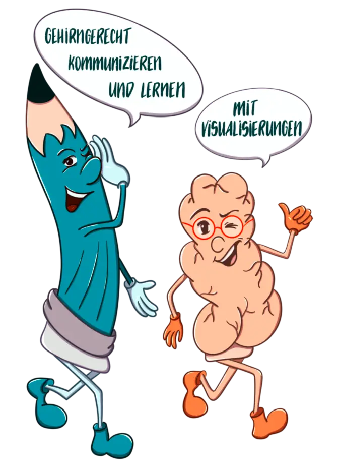 Emotionsfiguren Pencilotta und Brainy laufen und lachen zusammen. Sie sie sprechen über die Wichtigkeit von Visualisierungen